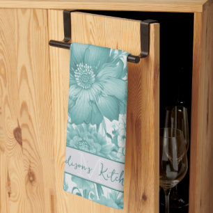 Teal Vintage Chinoiserie Floral Personalised Tea Towel