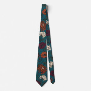 Teal Vintage Chrysanthemum Floral Tie