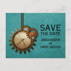 Teal Vintage Clock Save the Date Postcard