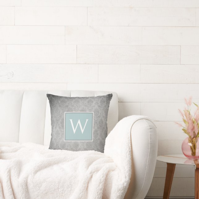 Teal Vintage Damask Monogram Throw Pillow (Couch)