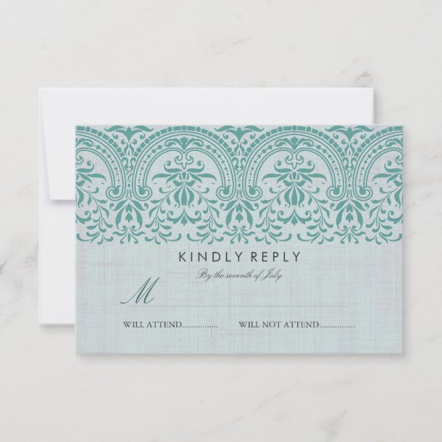 Teal Vintage Damask Wedding RSVP Card (Front)