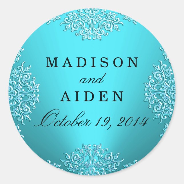 Teal Vintage Damask Wedding Sticker (Front)
