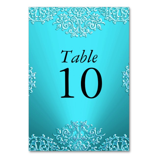 Teal Vintage Damask Wedding Table Number (Front)
