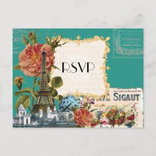 Teal Vintage Eiffel Tower Rose Save the Date Card