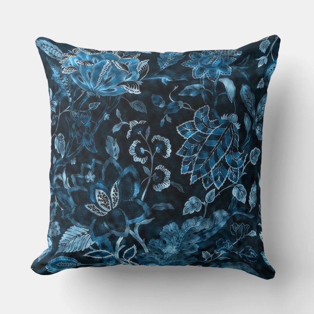 Teal Vintage Floral Shimmer Throw Pillow (Front)