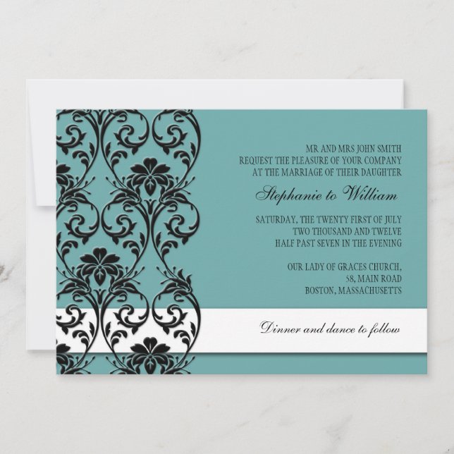 Teal Vintage Floral Swirl Wedding Invitation (Front)
