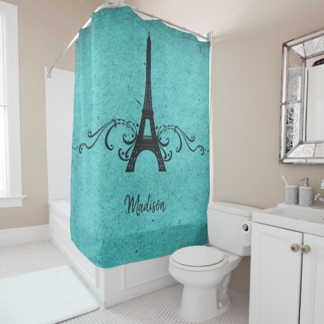 Teal Vintage French Flourish Shower Curtain (In Situ)