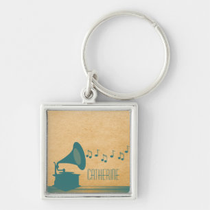 Teal Vintage Gramophone Premium Keychain