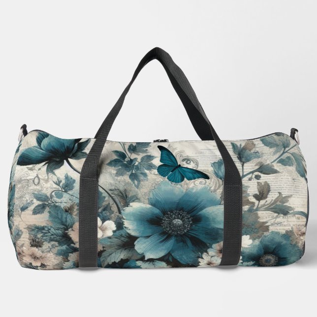 Teal Vintage Inspired Floral  Duffle Bag (Front)