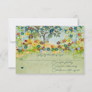 Teal Vintage Love Bird Flower Swirl Wedding RSVP Card