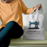 Teal Vintage Sewing Machine Seamstress    Tote Bag<br><div class="desc">Elegant budget bag for tailors,  seamstresses,  fashion designers,  stylists,  and more featuring a vintage sewing machine illustration 
in teal peacock blue colour with two lines of custom text in white. 
Sewing machine colour is editable!</div>