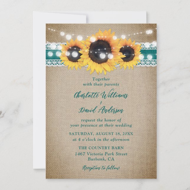 Teal Vintage Sunflower Burlap Lace Wedding Invitation (Front)