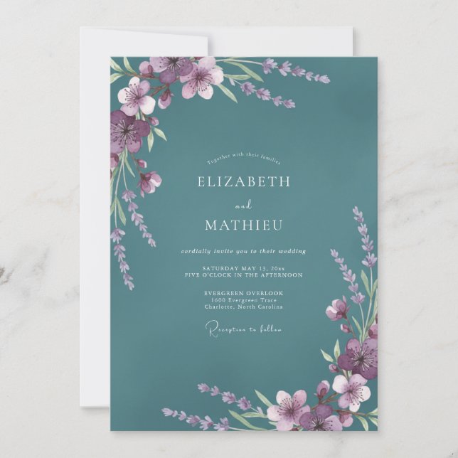 Teal Violet Wisteria Wedding Invitation (Front)