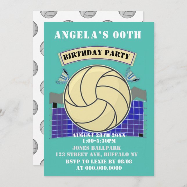 Teal Volleyball Birthday Party Invites (Front/Back)