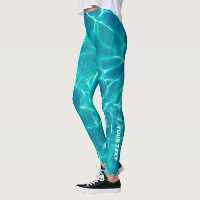 Teal Water, Personalise White Text or Name Leggings (Left)