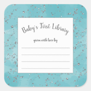 Teal Watercolor and faux silver stardust bookplate Square Sticker