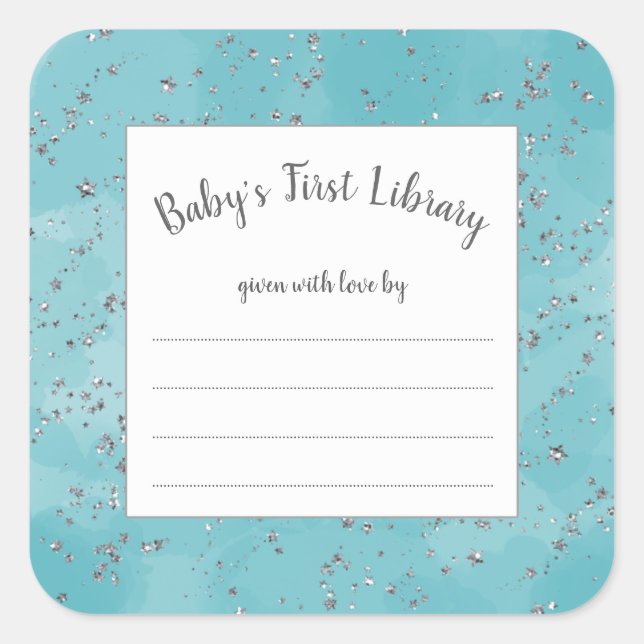 Teal Watercolor and faux silver stardust bookplate Square Sticker (Front)
