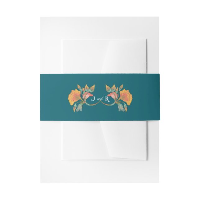 Teal Watercolor Art Nouveau Wedding  Invitation Belly Band (Front Example)