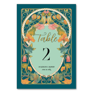 Teal Watercolor Art Nouveau Wedding  Table Number