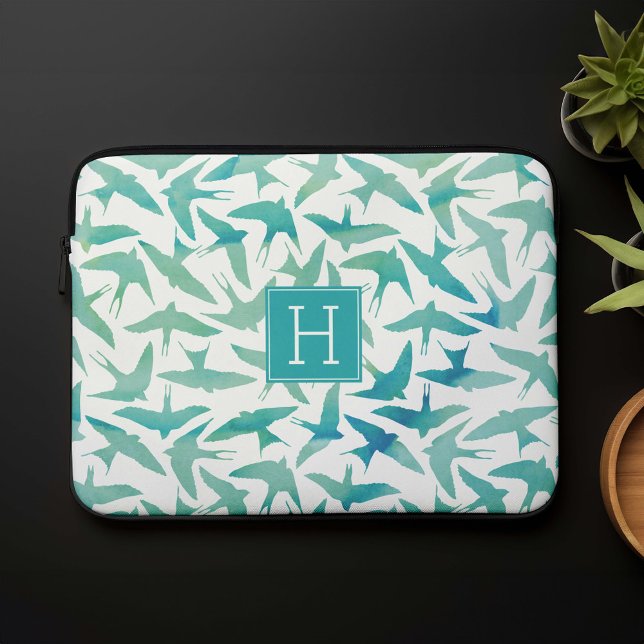 Teal Watercolor Birds Pattern Laptop Sleeve (Creator Uploaded)