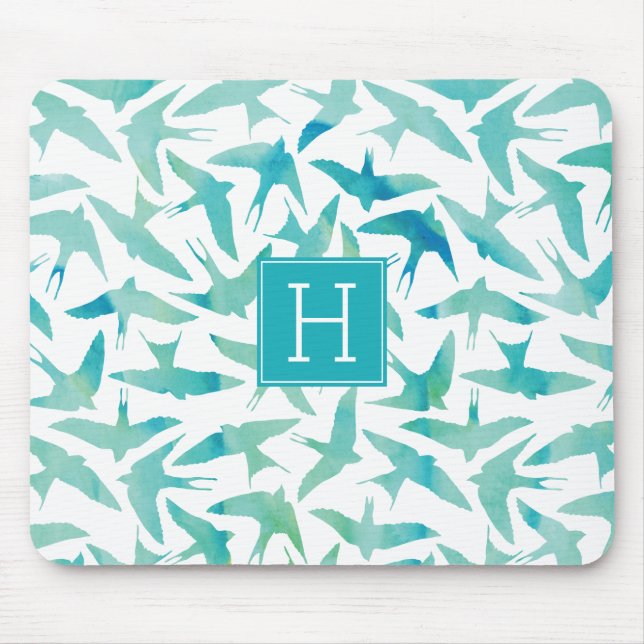 Teal Watercolor Birds Pattern Mouse Pad (Front)