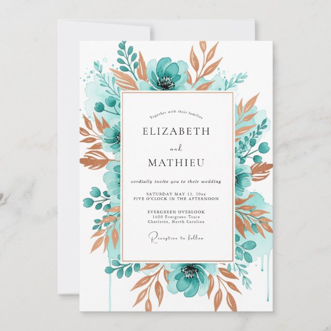 Teal Watercolor Blossom Wedding Invitation (Front)