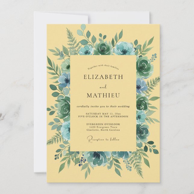 Teal Watercolor Botanical Romance Wedding Invitation (Front)