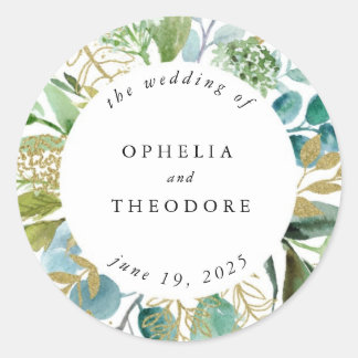 Teal Watercolor Botanical Wedding Favour Thank You Classic Round Sticker