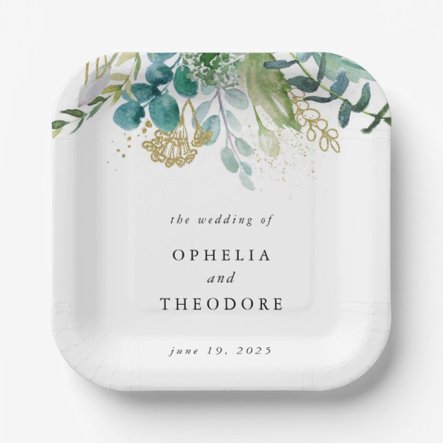 Teal Watercolor Botanical Wedding Monogram Paper Plate (Front)