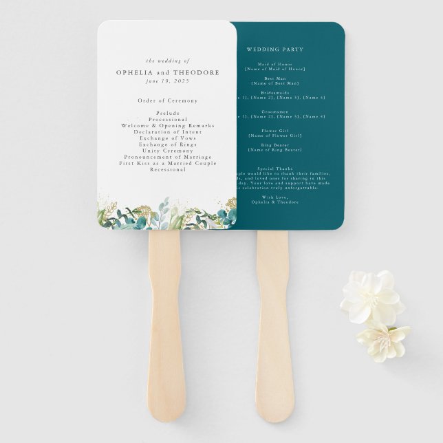 Teal Watercolor Botanical Wedding Program Hand Fan (Front and Back)