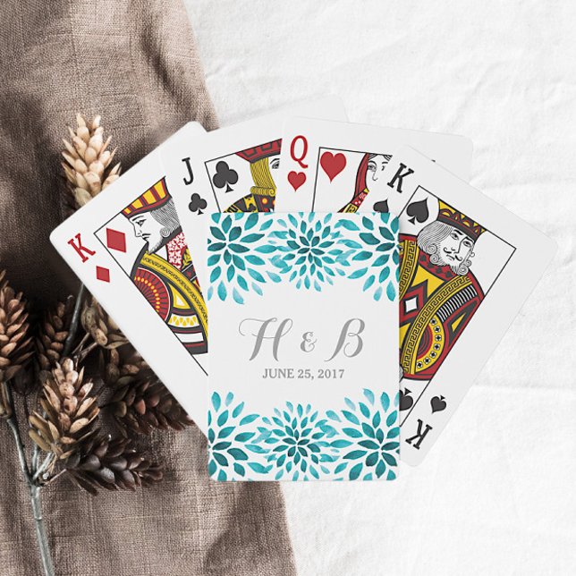 Teal Watercolor Chrysanthemum Playing Cards (Teal Watercolor Chrysanthemum Wedding Favor Playing Cards)