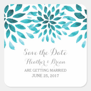Teal Watercolor Chrysanthemum Save the Date Square Sticker