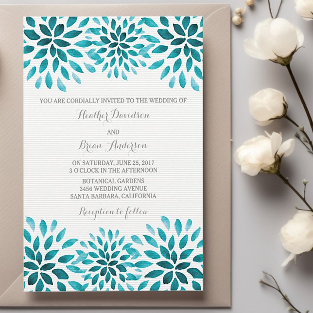 Teal Watercolor Chrysanthemums Wedding Invite (Teal Watercolor Chrysanthemum Wedding Invitation)