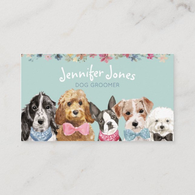  Teal Watercolor Dog Breeds Dog Groomer  Business Card (Back)