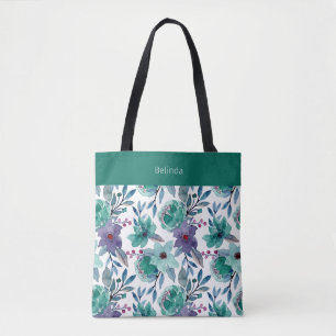 Teal Watercolor Floral Tote Bag
