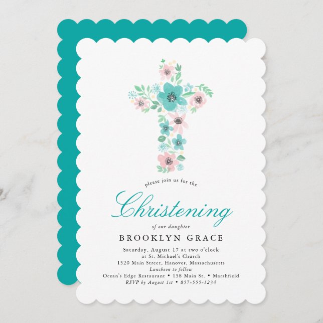 Teal Watercolor Flower Cross Baptism Invitation (Front/Back)