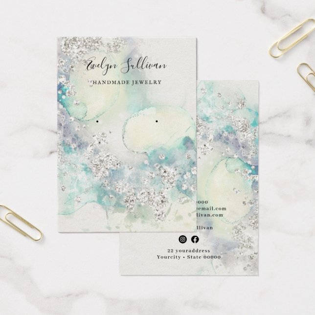 Teal watercolor glitter earring display card (Office)
