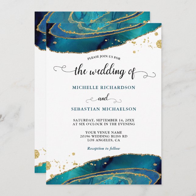 Teal Watercolor Gold Agate Wedding Invitation (Front/Back)