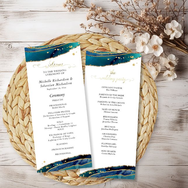 Teal Watercolor Gold Agate Wedding Programme (Teal Watercolor Gold Agate Wedding Program
)