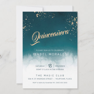 Teal Watercolor Golden Splatter Quinceanera Party Invitation