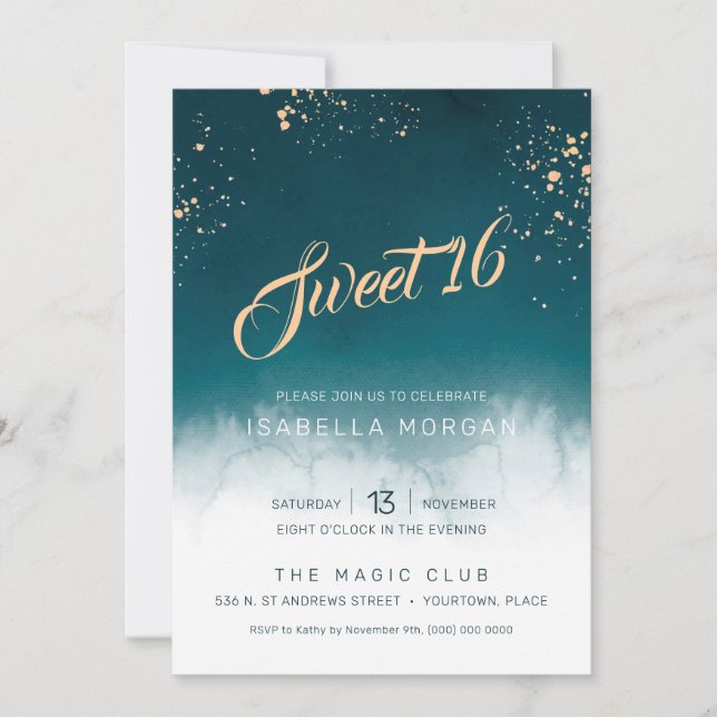 Teal Watercolor Golden Splatter Sweet 16 Party Invitation (Front)