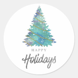 Teal Watercolor Happy Holidays Christmas Tree Classic Round Sticker