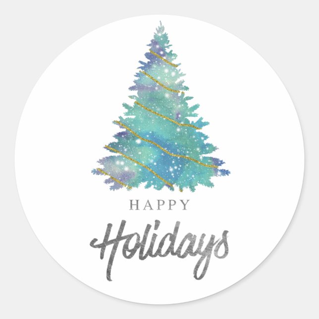 Teal Watercolor Happy Holidays Christmas Tree Classic Round Sticker (Front)