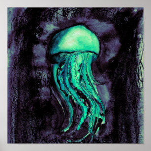 Teal Watercolor Jellyfish Poster