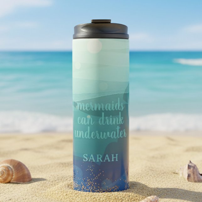 Teal Watercolor Mermaid Thermal Tumbler (Keep your drinks cool by the ocean. Perfect for beach days and sunny adventures. A summer essential!)