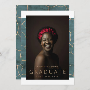 Teal Watercolor Modern Gold Foil Marble Grad Announcement