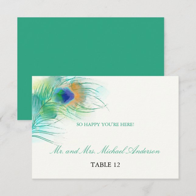 Teal Watercolor Peacock Feather | Seating Invitation (Front/Back)