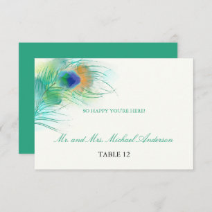 Teal Watercolor Peacock Feather Seating Invitation