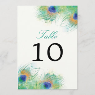 Teal Watercolor Peacock Feather   Table Number