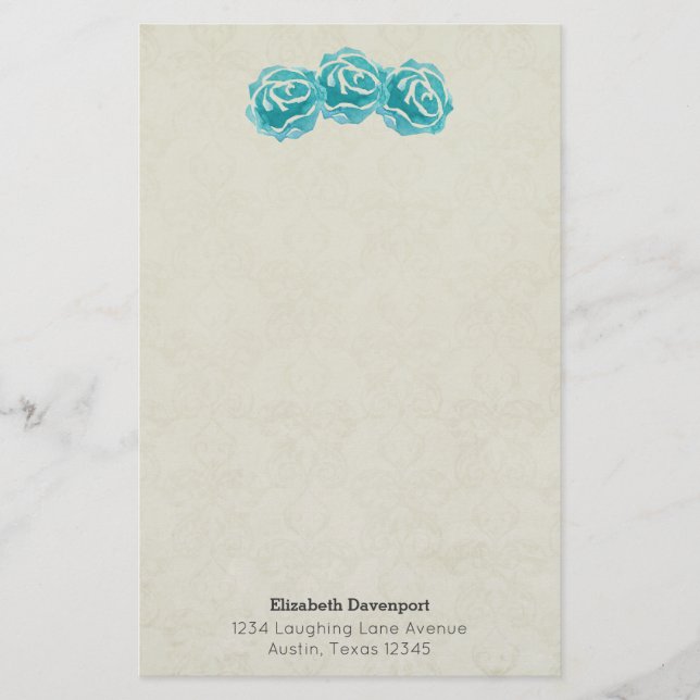 Teal Watercolor Roses on Faded Tan Damask Pattern Stationery (Front)